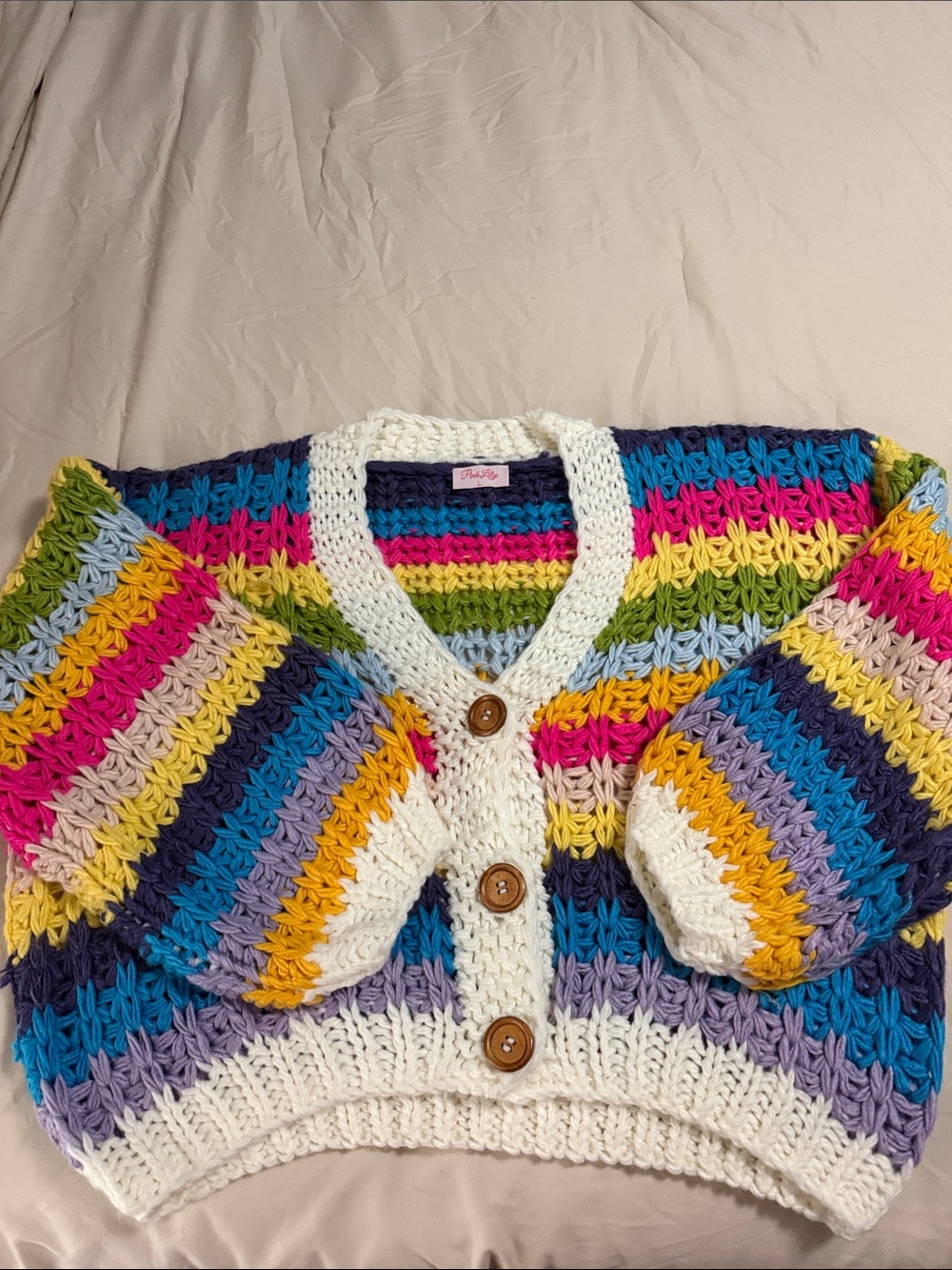 Multicolor Crochet Cardigan Crop Sweater with White Trim. Never worn